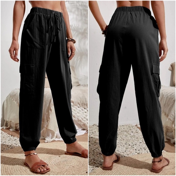 024 Comfy Black Pocket Jogger Cargo Trouser Pants - Picture 3 of 4